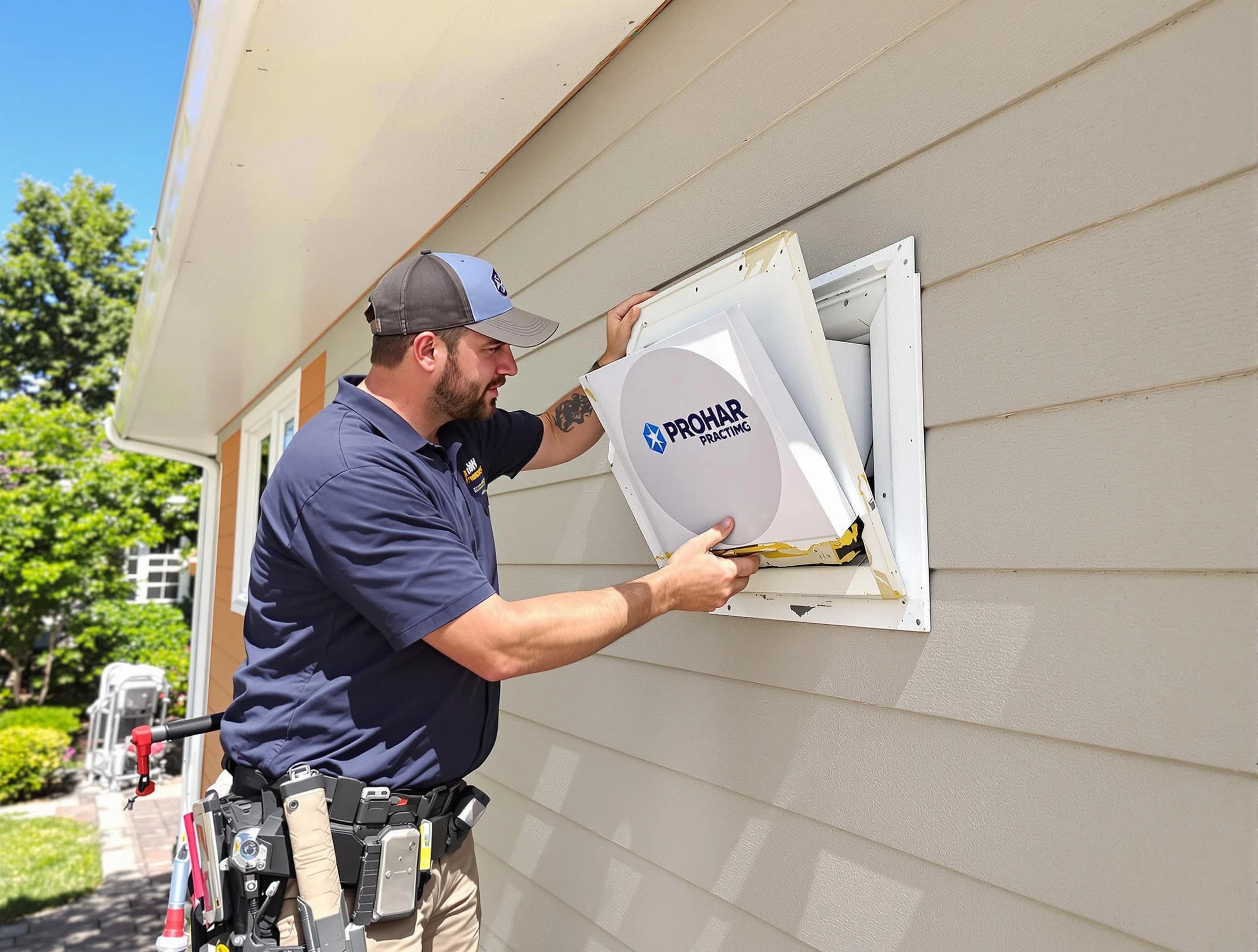 Farmington Dryer Vent Cleaning technician installing a new protective dryer vent cover on a home in Farmington