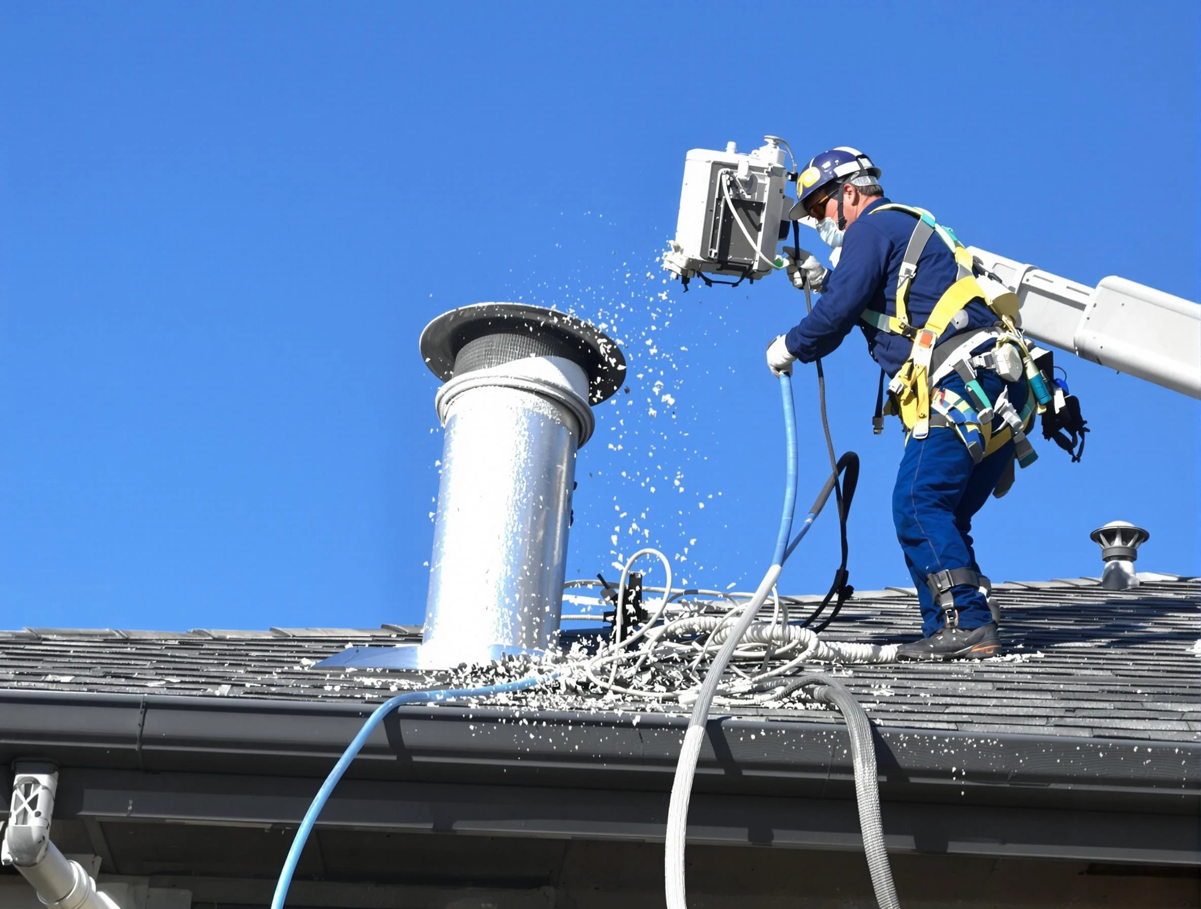 Farmington Dryer Vent Cleaning certified technician safely cleaning a roof-mounted dryer vent in Farmington